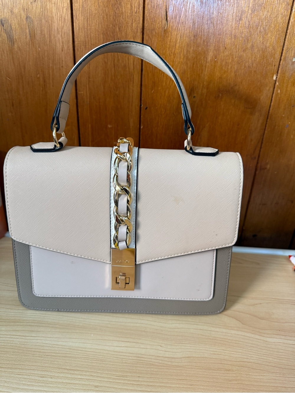 Aldo Cream & Taupe Chain-Accent Top Handle Satchel
